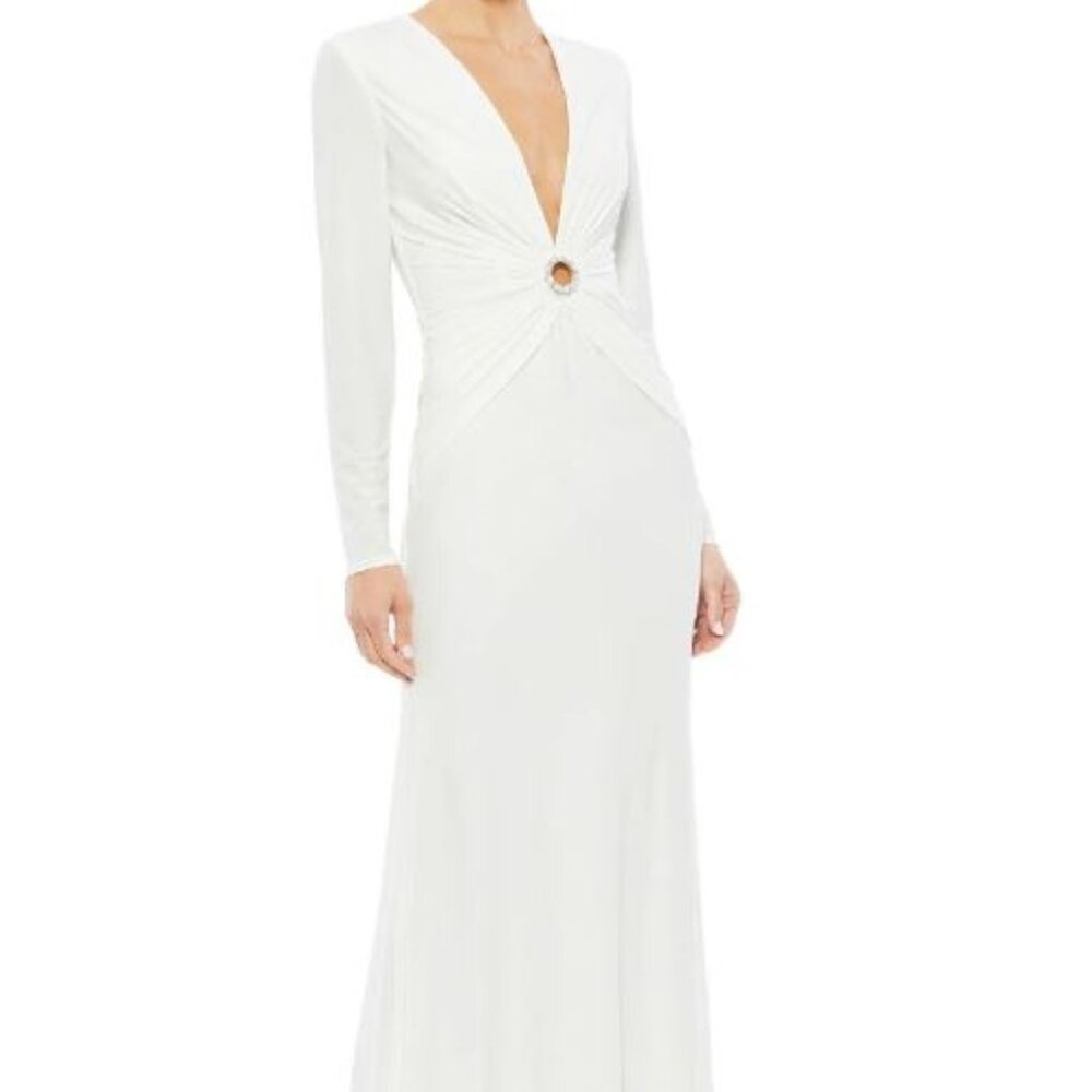 Mac Duggal Gathered Pearl Long Sleeve Keyhole Gown